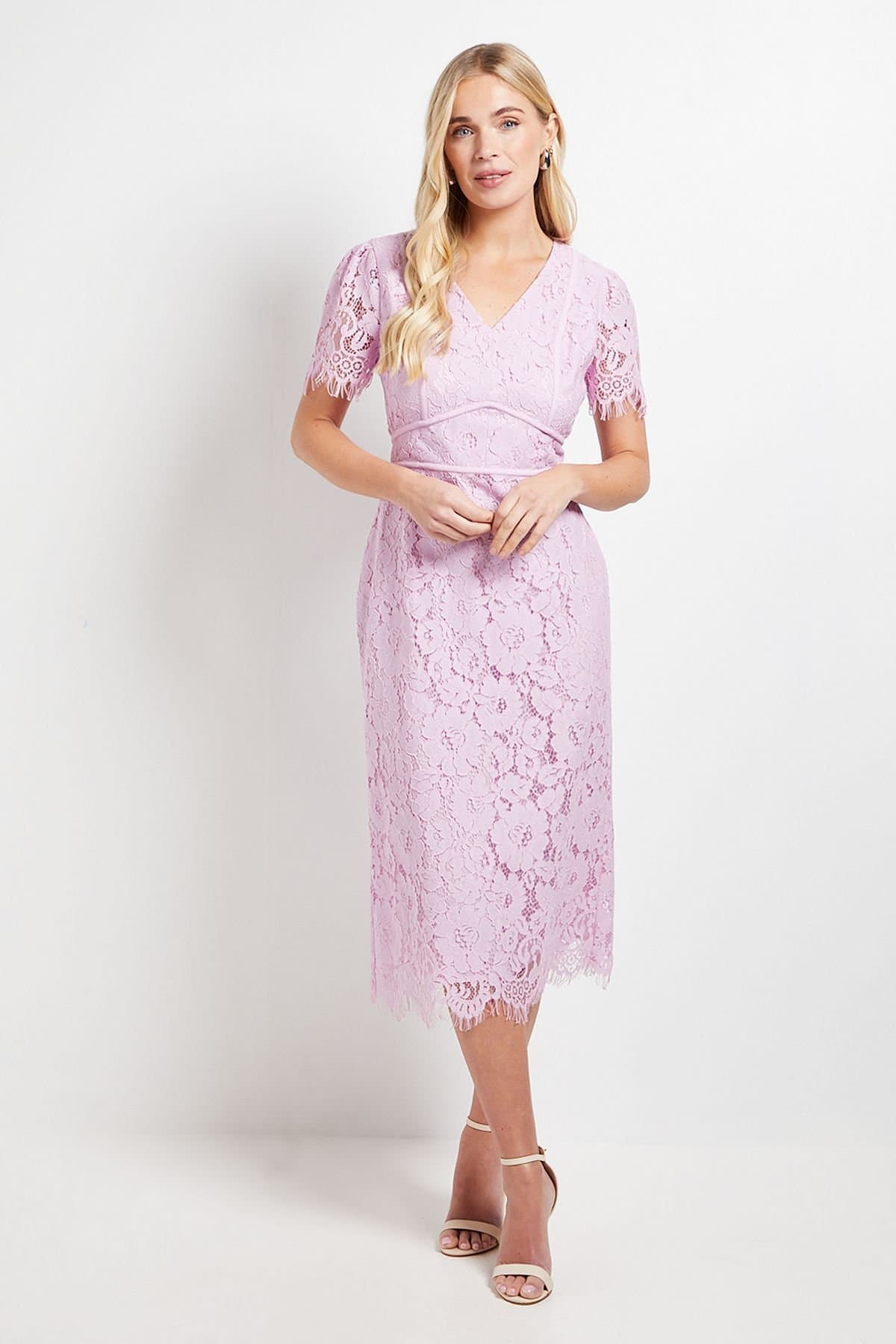 Wallis Wallis Women's Petite Lace Seam Detail Pencil Midi Dress in Lilac