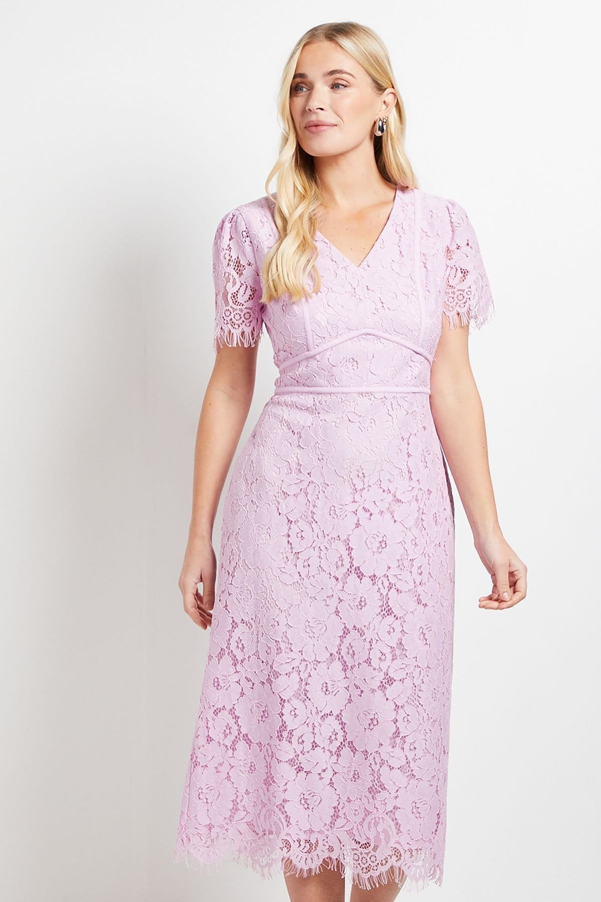 Wallis Wallis Women's Petite Lace Seam Detail Pencil Midi Dress in Lilac - 4