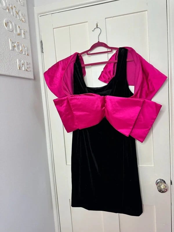 ASOS Luxe Black Velvet Mini Dress with Pink Bow Detail