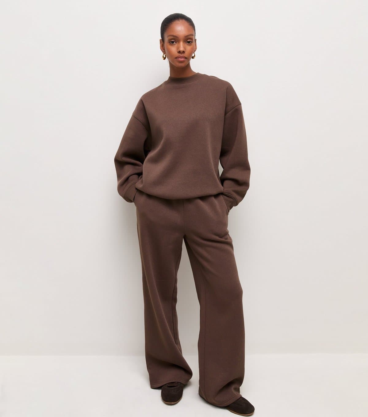 New Look Women's Dark Brown Cotton Rich Wide Leg Joggers New Look