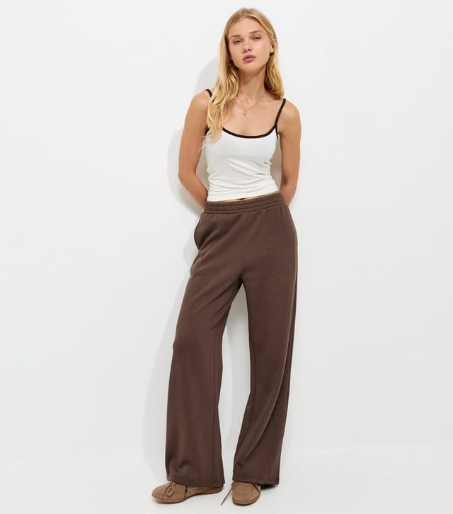 New Look Women's Dark Brown Cotton Rich Wide Leg Joggers New Look - 2