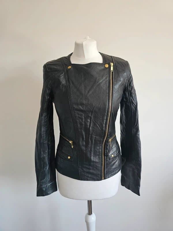 Mango Mango 100% Leather Biker Jacket UK 8 10 Black Moto Indie Sleaze Y2K