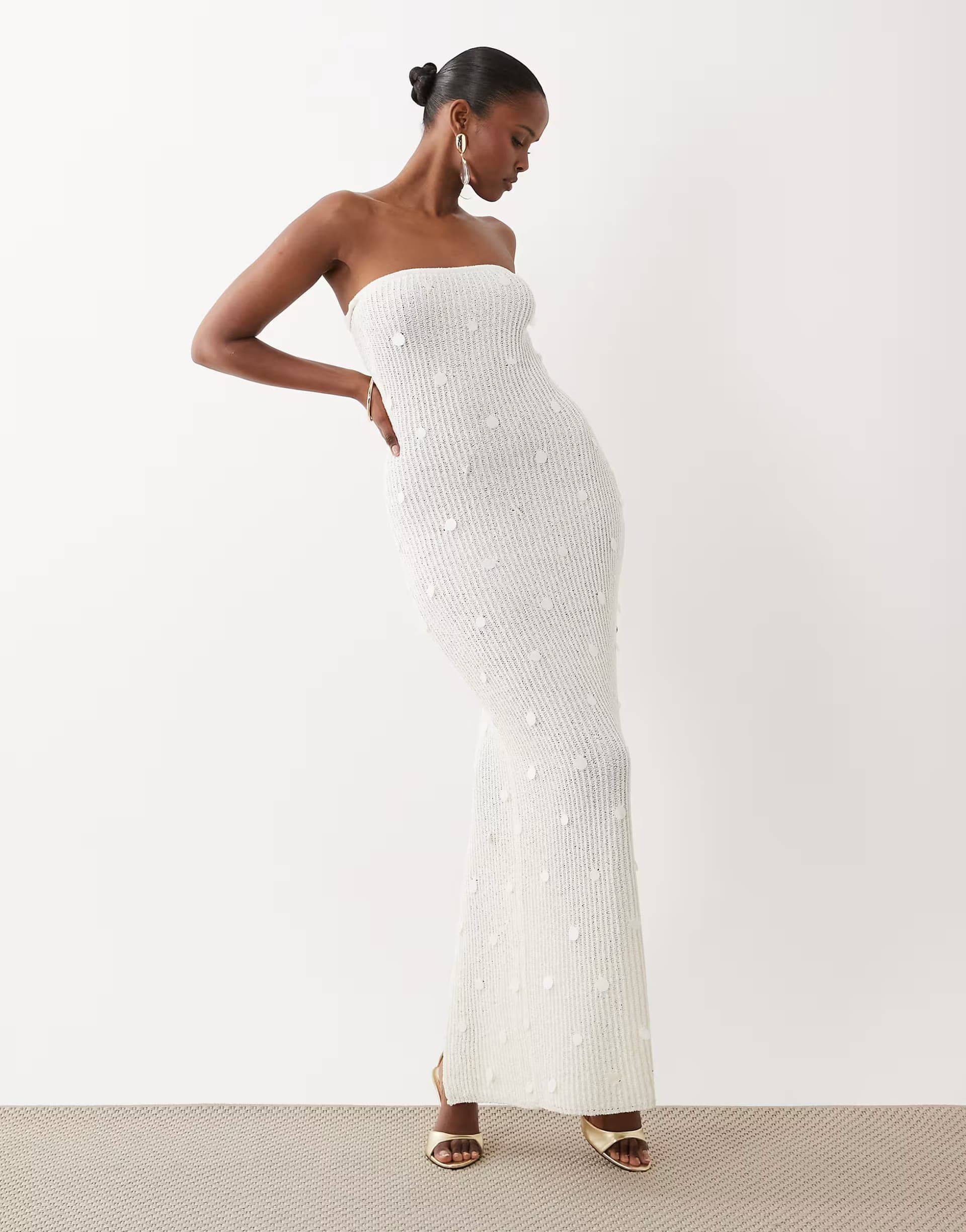 ASOS South Beach knitted bandeau maxi dress with sequin detail in white