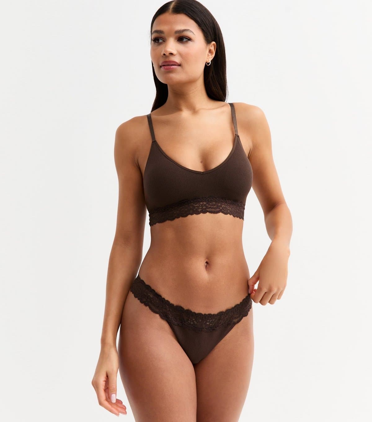 New Look Women's Brown Ribbed Seamless Lace Trim Thong New Look