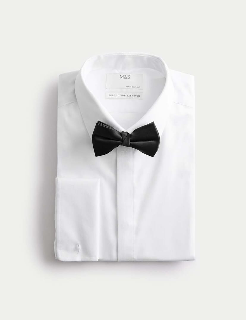 Marks & Spencer M&S Slim Fit 2 Inch Luxury Cotton Dress Shirt with Bow Tie White - 1