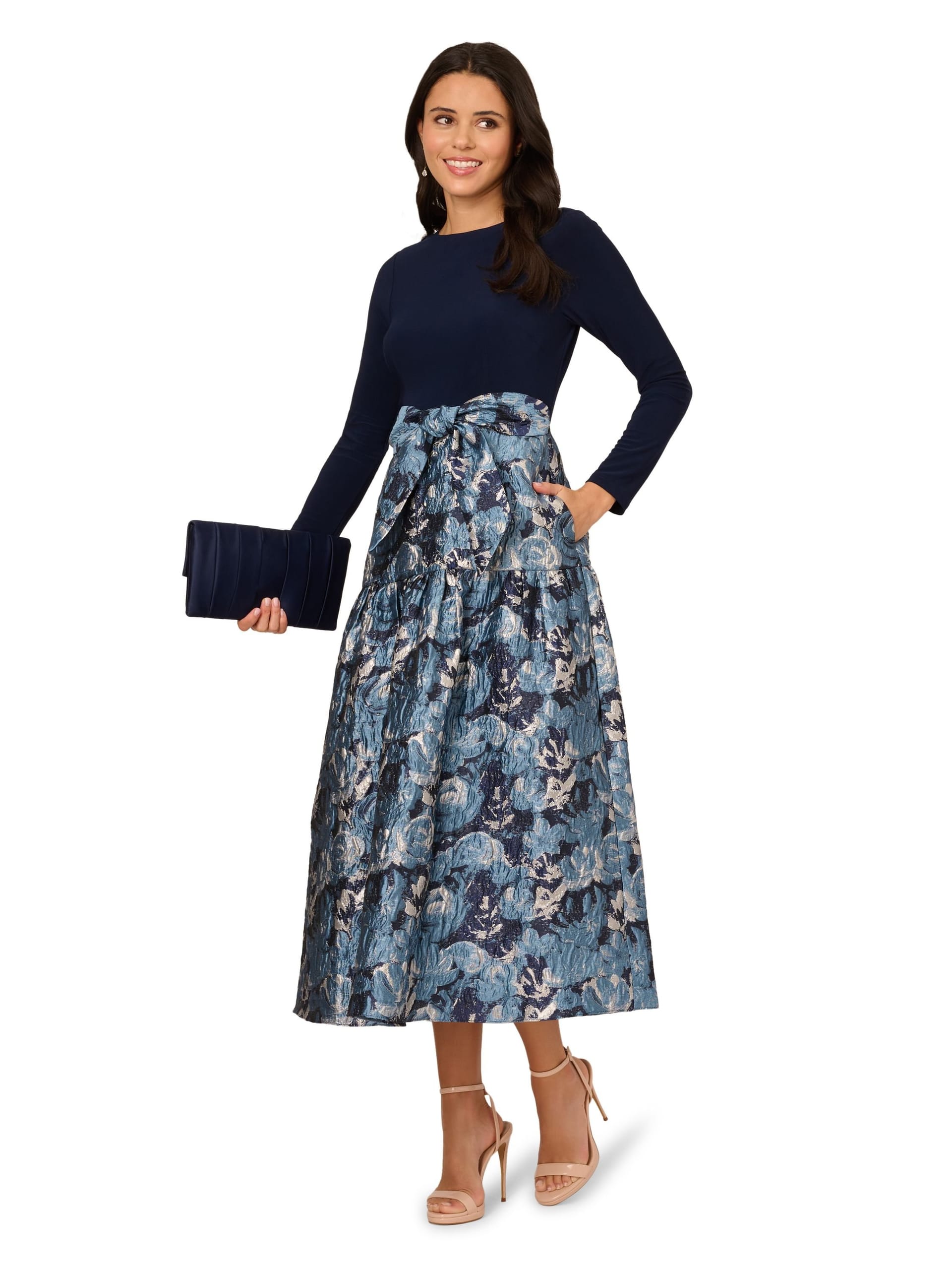 Adrianna Papell Women's Jersey Jacquard Ankle Dress in Navy