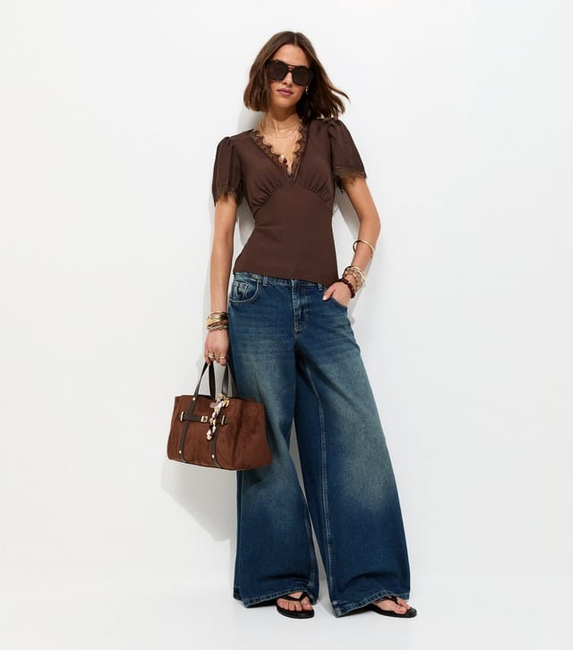 New Look Women's Dark Brown Button Lace Trim V Neck Tea Top New Look - 3