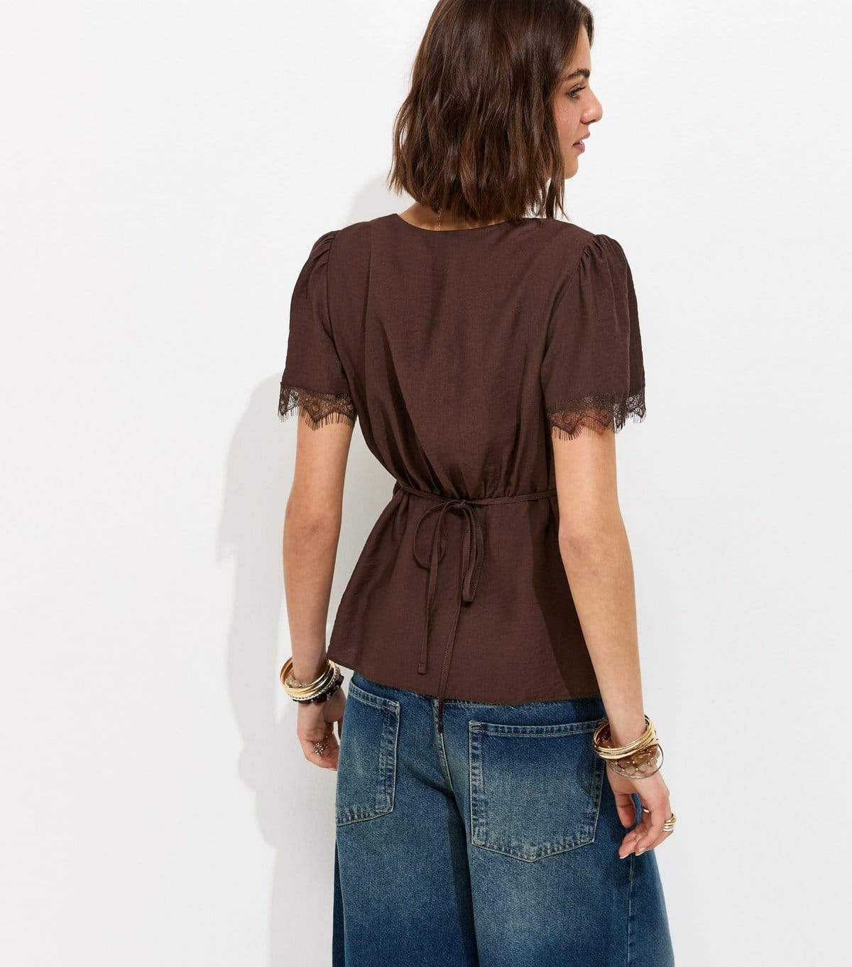 New Look Women's Dark Brown Button Lace Trim V Neck Tea Top New Look - 4