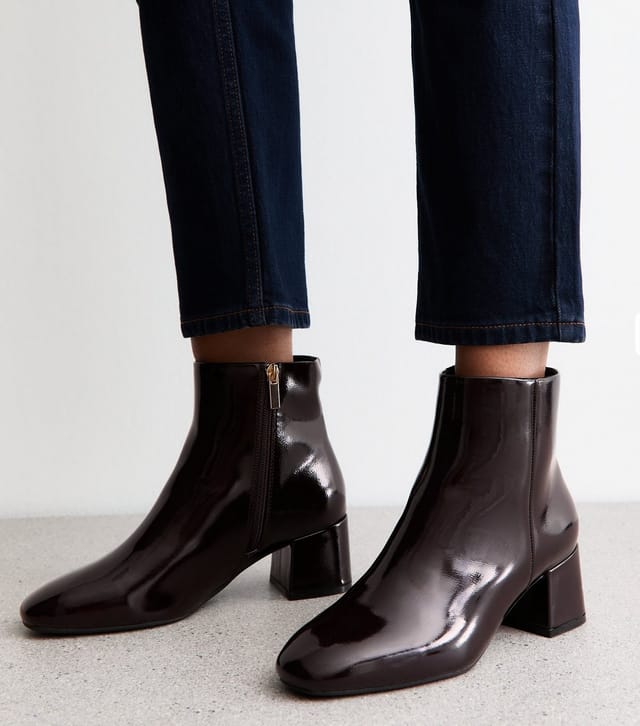 New Look Women's Wide Fit Dark Burgundy Faux Patent Leather Block Heel Boots Vegan New Look - 2