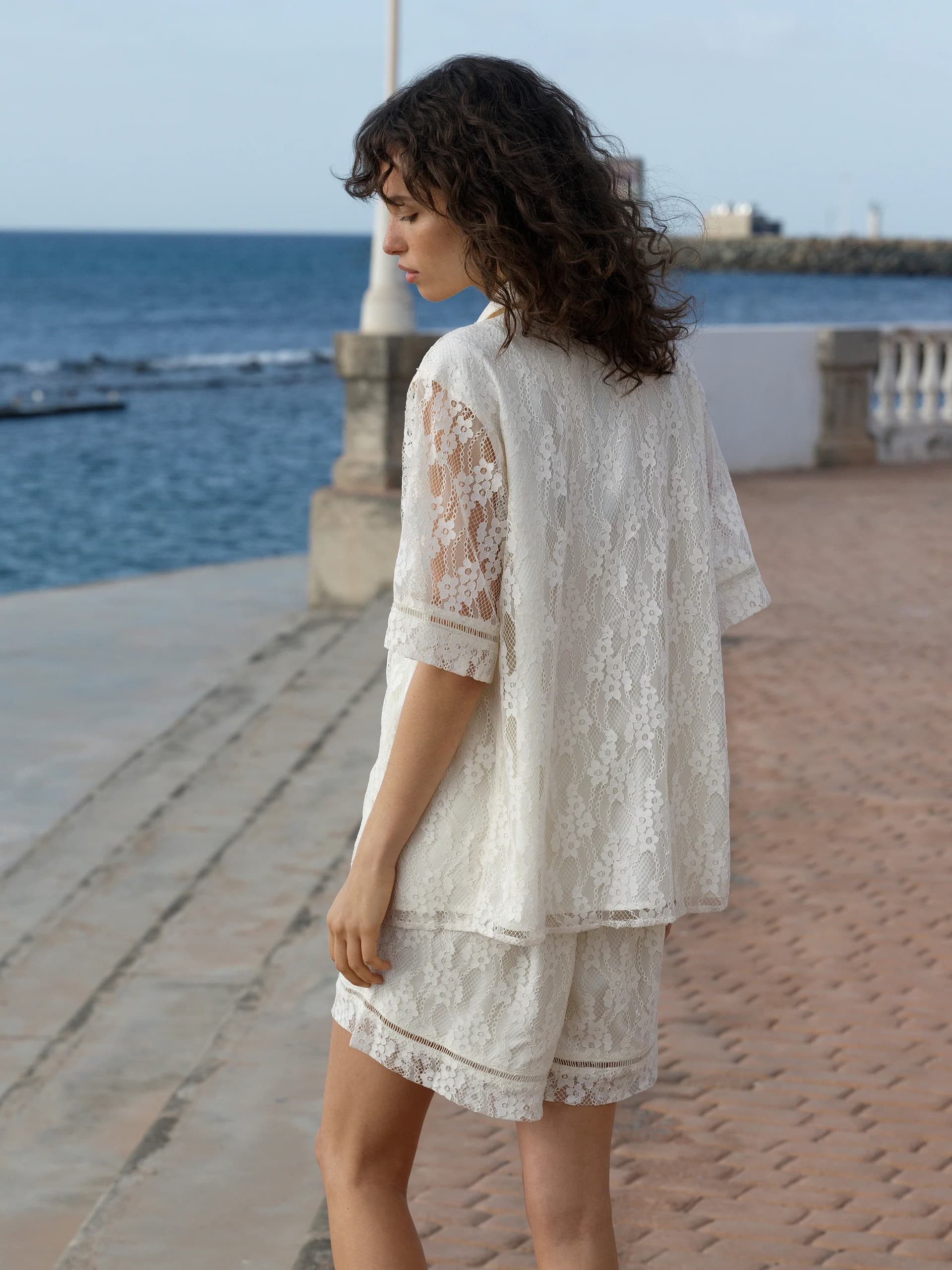 French Connection Zoe Lace Cream Short Sleeve Button Through Shirt Porcelain Cream