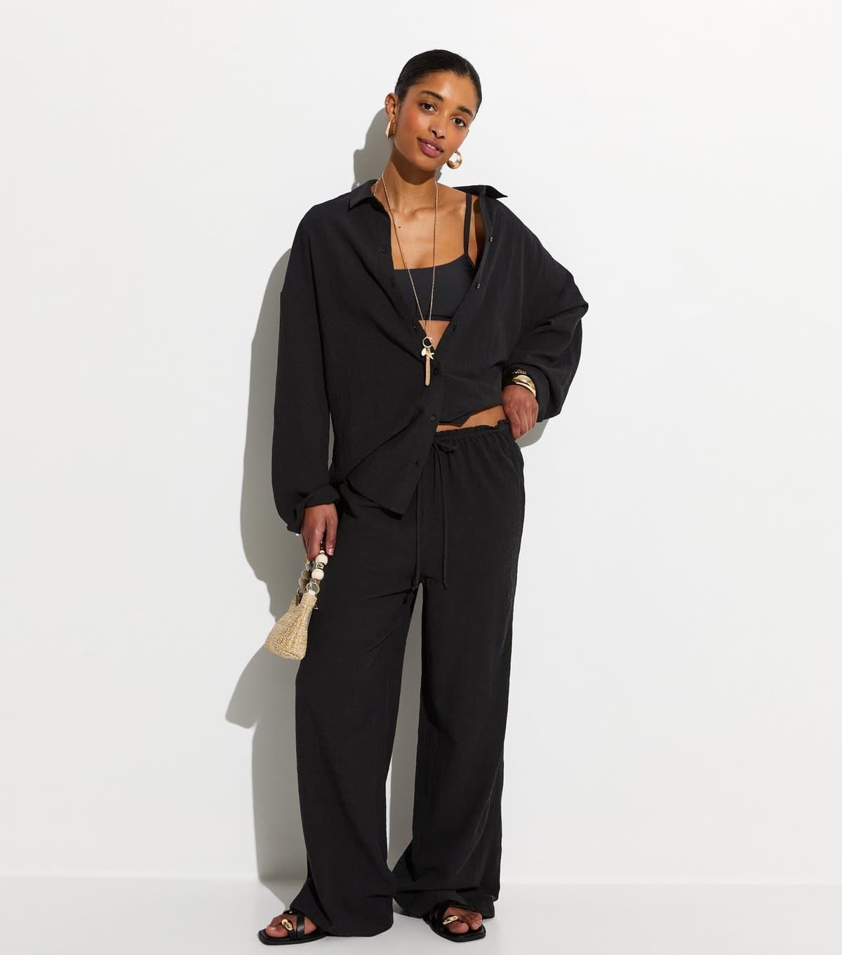 New Look Women's Black Crinkled Wide Leg Beach Trousers New Look