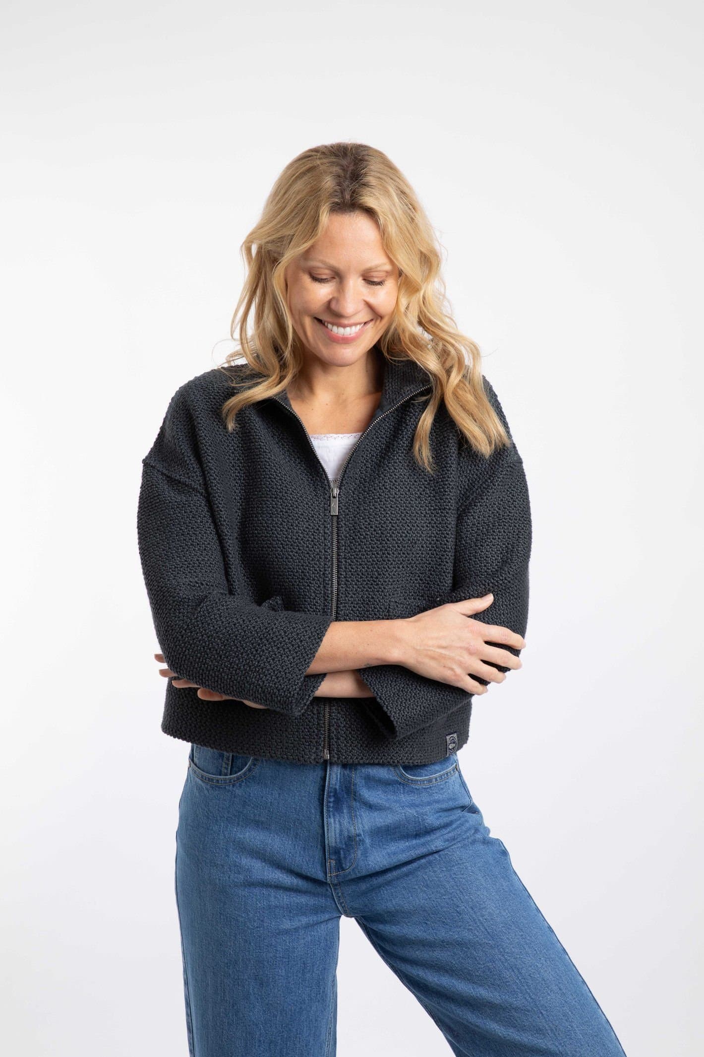Weird Fish Weird Fish Women's Emily Full Zip Cropped Macaroni Sweatshirt Jacket in Navy
