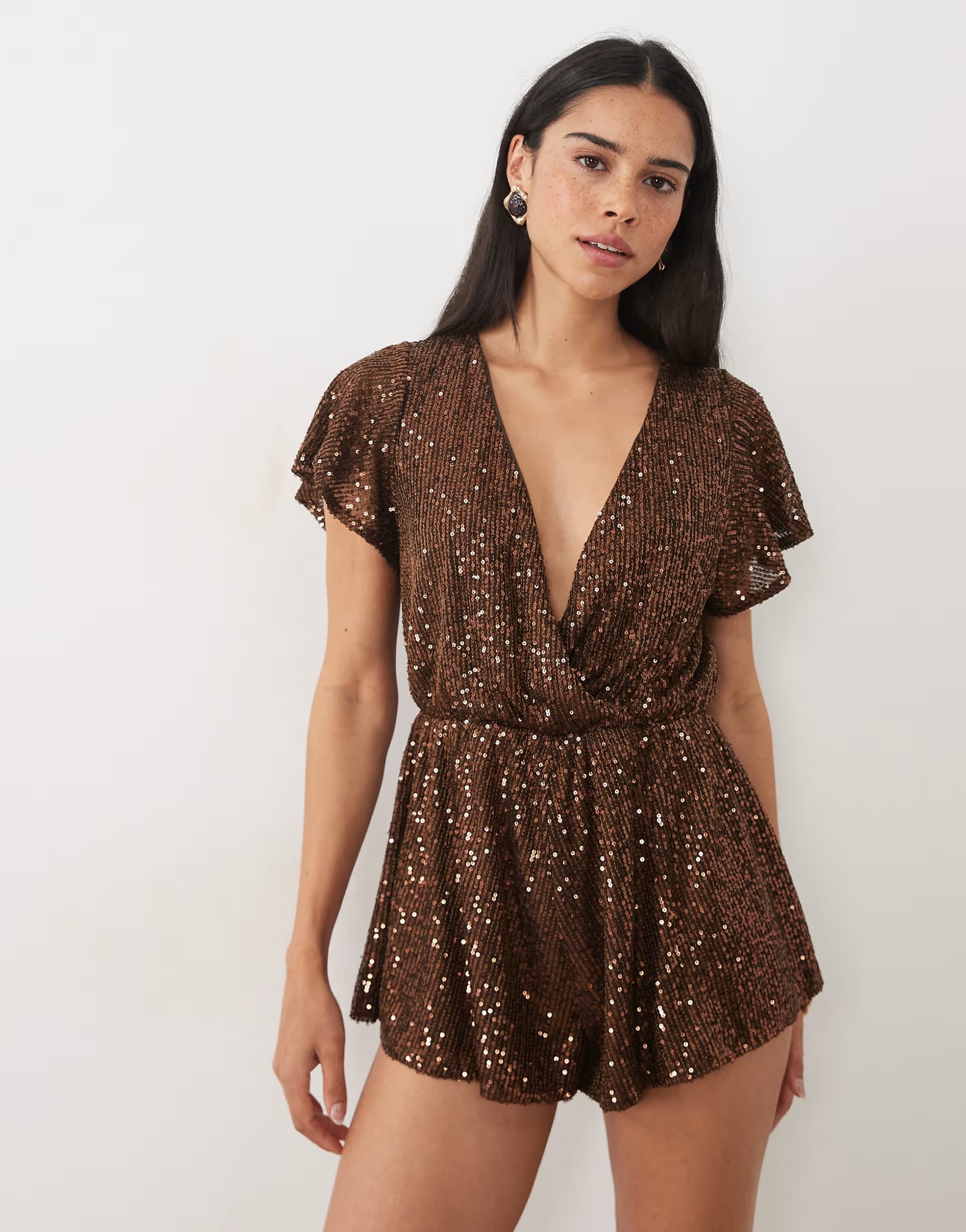 ASOS Miss Selfridge sequin batwing sleeve playsuit in chocolate