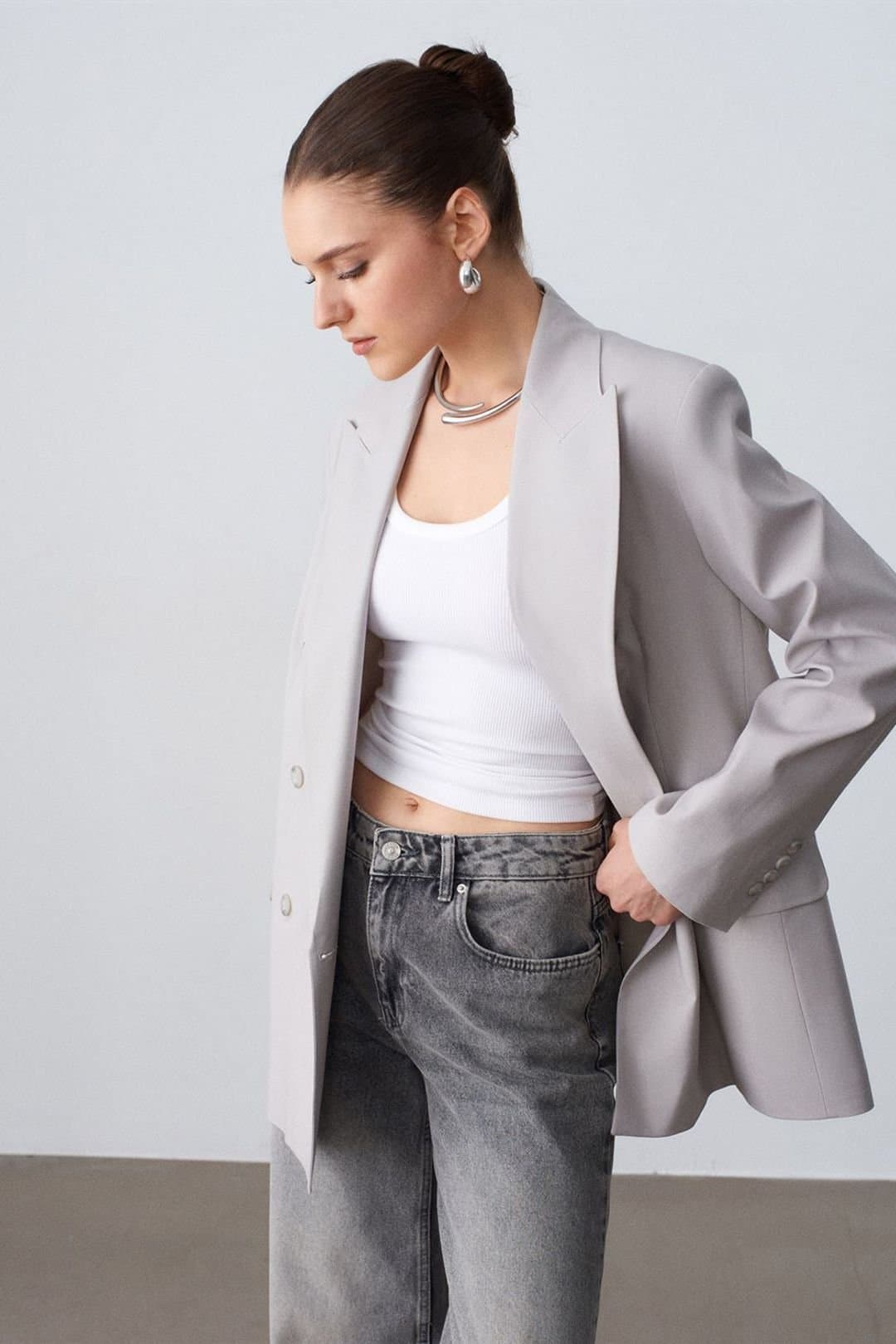 Dilvin Dilvin Light Grey Crepe Blazer Jacket