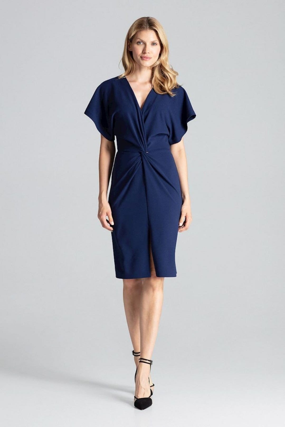 Love Lace Navy Blue Elegant Midi Dress with Kimono Sleeves