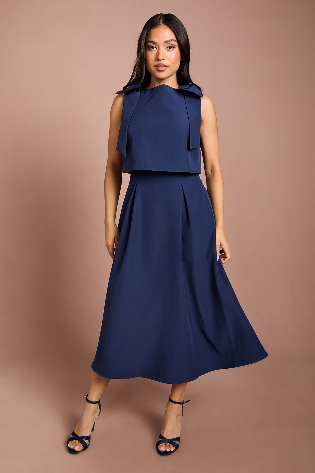 Coast Coast Women's Petite Sleeveless Bow Shoulder Midi Dress With Bodice in Navy