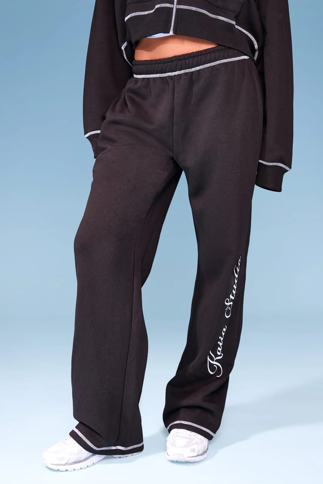 Kaiia Kaiia Side Slogan Contrast Stitch Wide Leg Joggers Black & White - 3