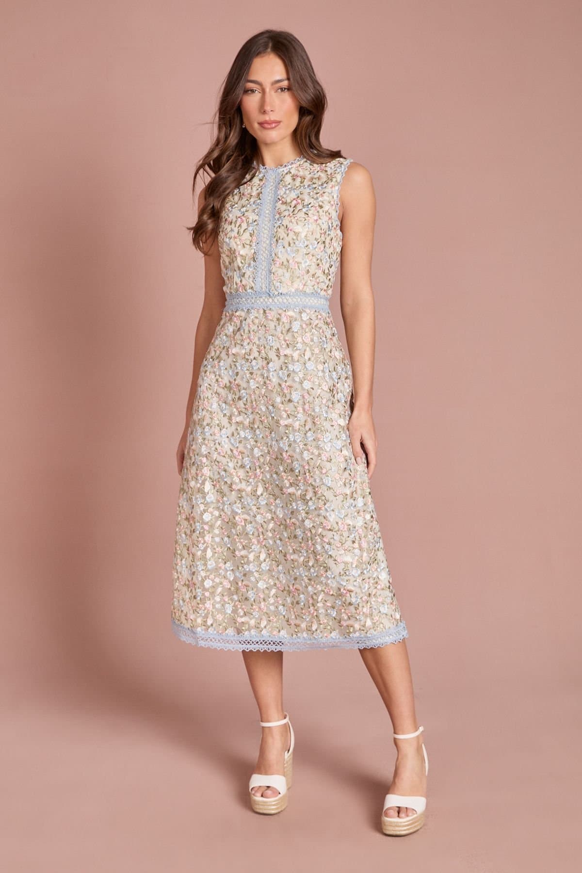 Coast Coast Women's Embroidered Mesh Sleeveless Lace Trim Midi Dress in Ivory