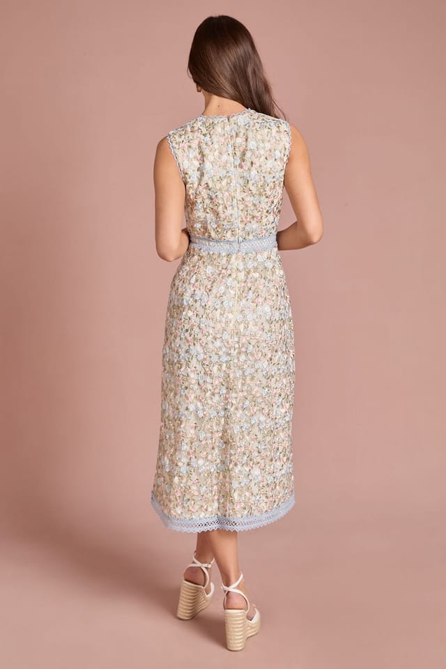 Coast Coast Women's Embroidered Mesh Sleeveless Lace Trim Midi Dress in Ivory - 3
