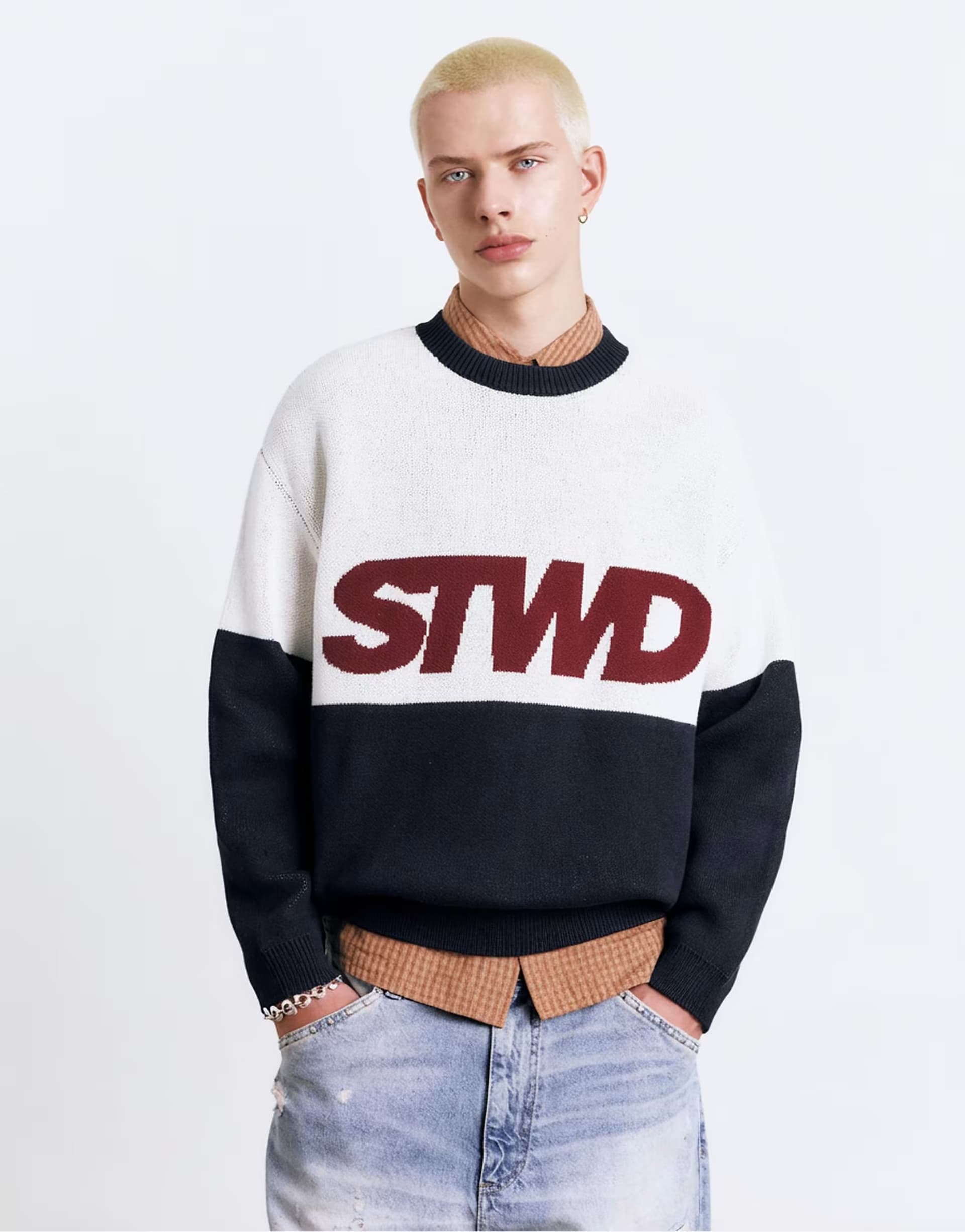 ASOS Pull&Bear Stwd panelled jumper in off white