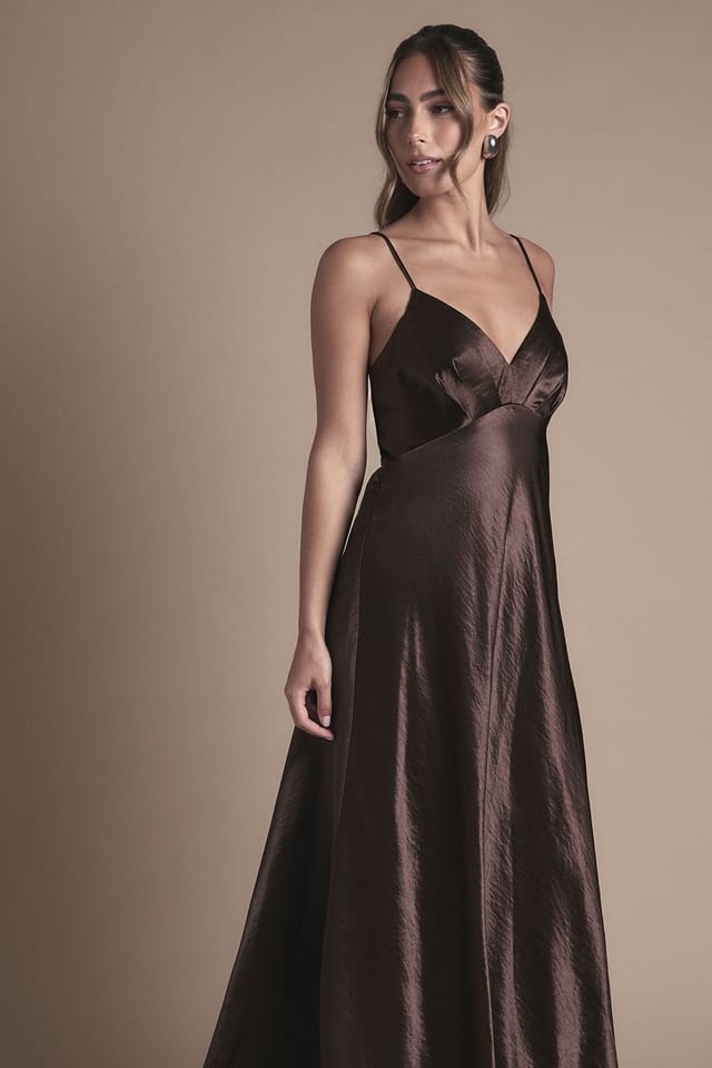 Coast Coast Women's Satin Tie Back Detail Maxi Bridesmaid Dress in Chocolate - 2