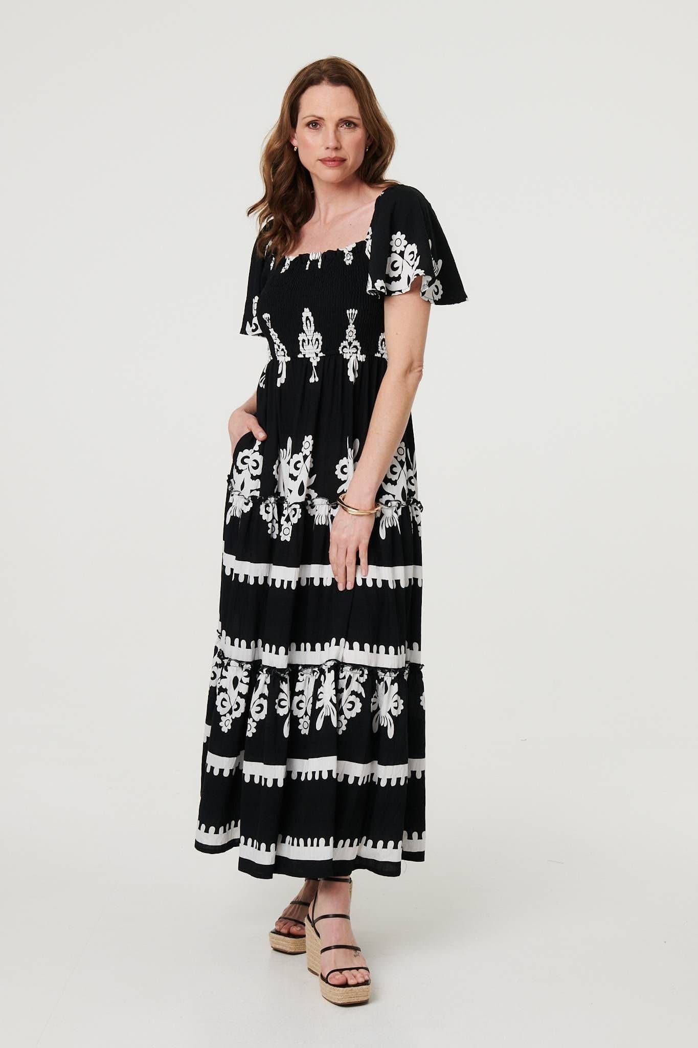 Izabel London Izabel London Women's Ikat Print Short Angel Sleeve Maxi Dress in Black