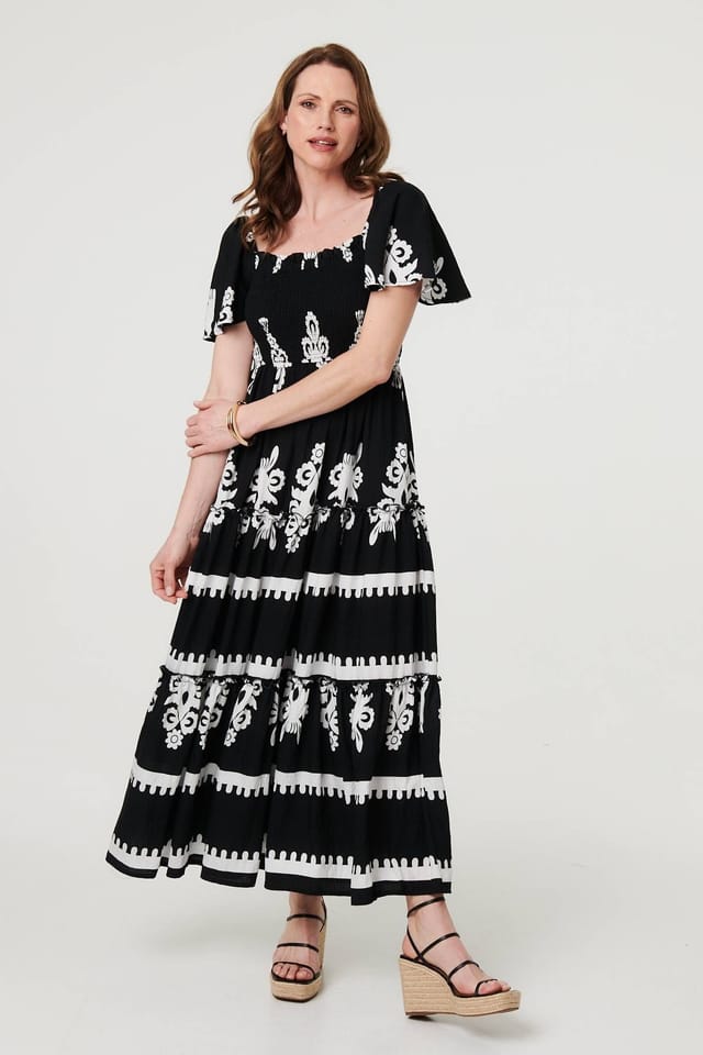 Izabel London Izabel London Women's Ikat Print Short Angel Sleeve Maxi Dress in Black - 2