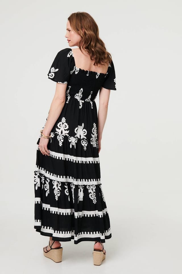 Izabel London Izabel London Women's Ikat Print Short Angel Sleeve Maxi Dress in Black - 3