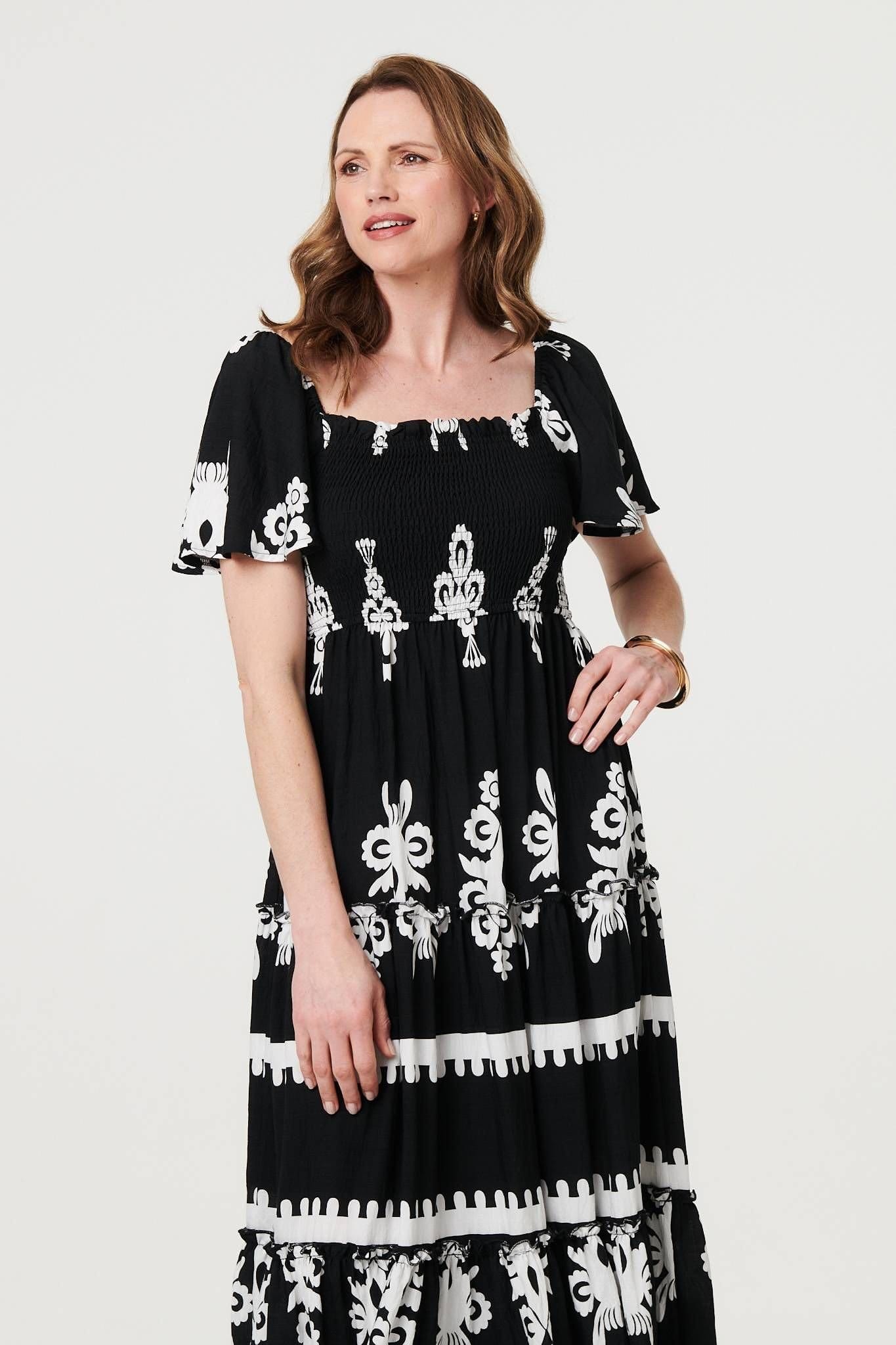 Izabel London Izabel London Women's Ikat Print Short Angel Sleeve Maxi Dress in Black - 4