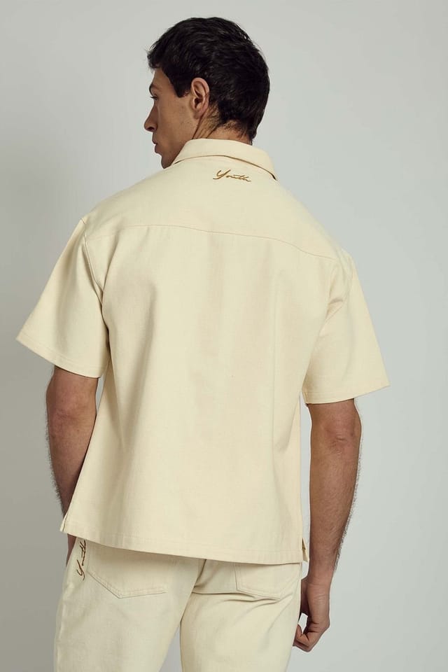 Native Youth Native Youth Men's Cotton Short Sleeve Tonal Embroidered Denim Shirt in Cream - 2