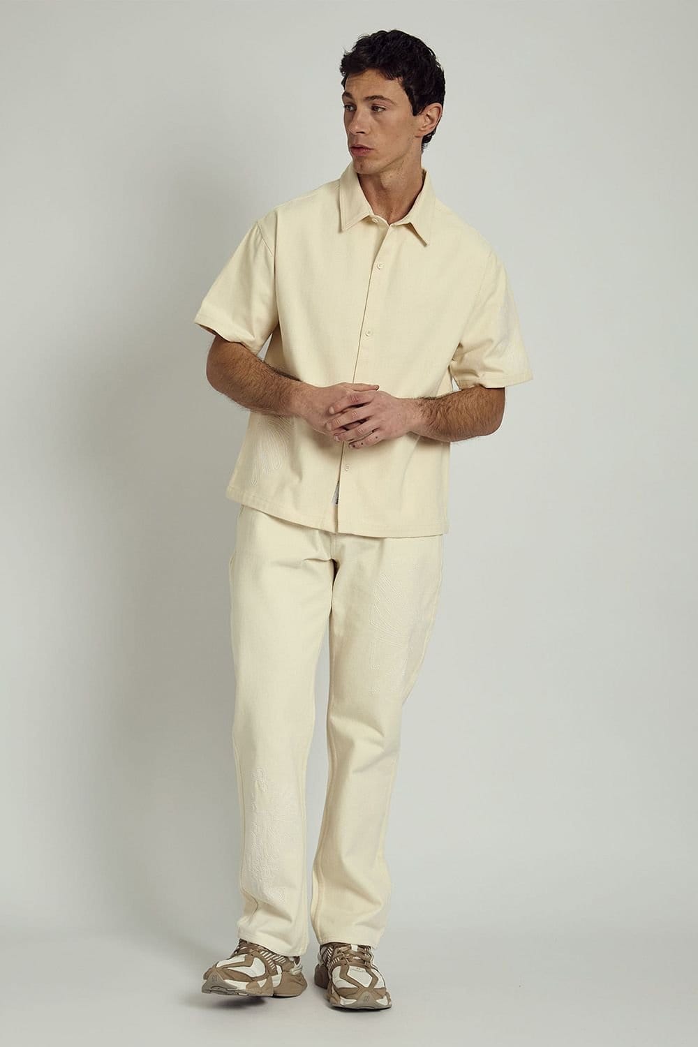 Native Youth Native Youth Men's Cotton Short Sleeve Tonal Embroidered Denim Shirt in Cream - 4