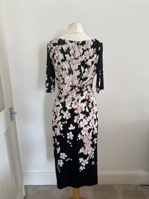 M&S Collection M&S Collection Black Pink Floral Twist Front Midi Dress UK 8 Stretch 2013