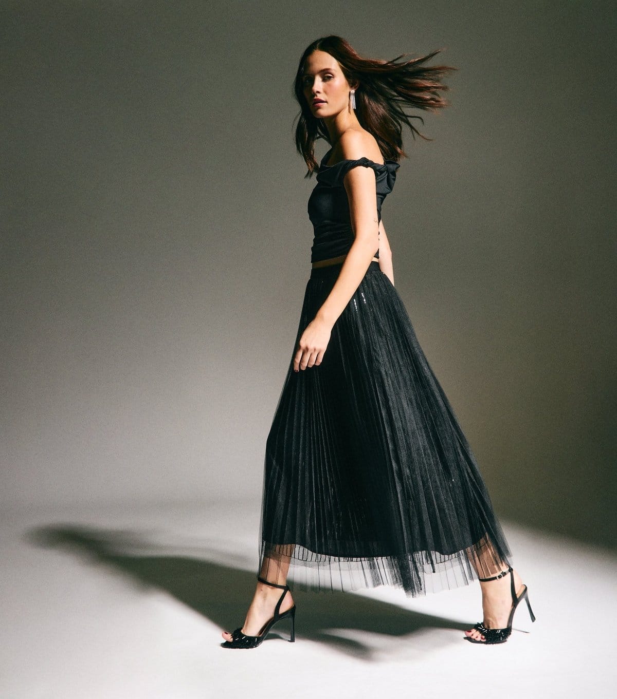 New Look Black Sequin Tulle Midi Skirt