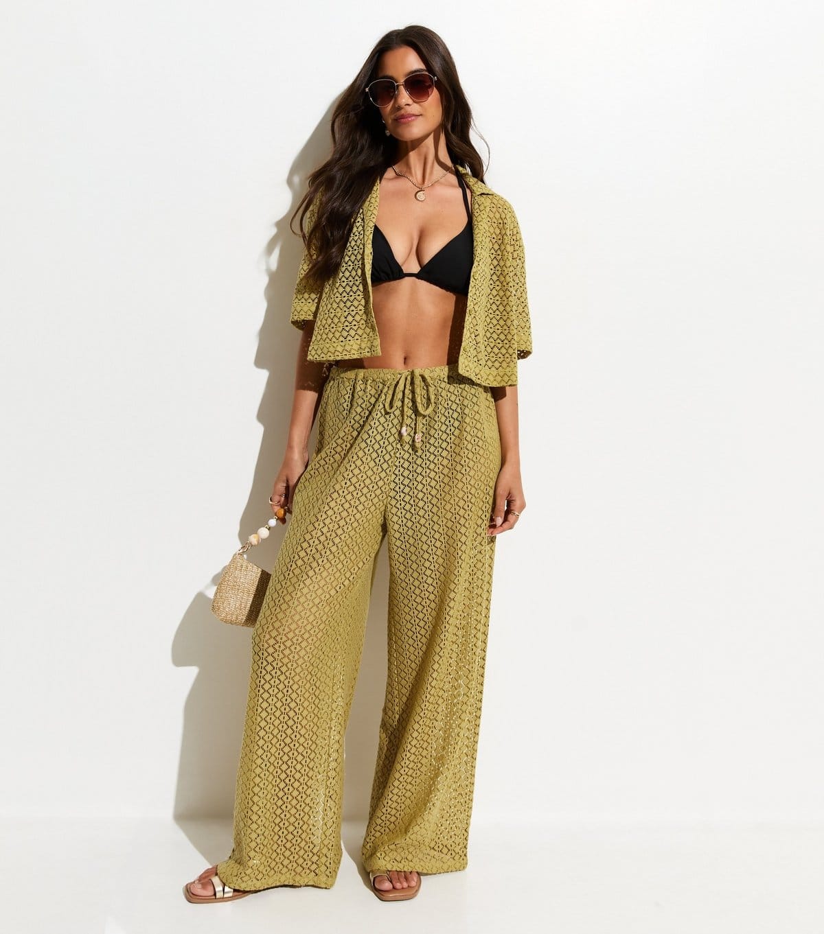 New Look Green Crochet Knit Wide Leg Trousers