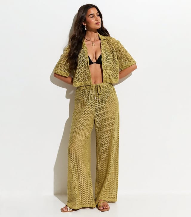 New Look Women's Green Crochet Knit Wide Leg Trousers New Look - 3
