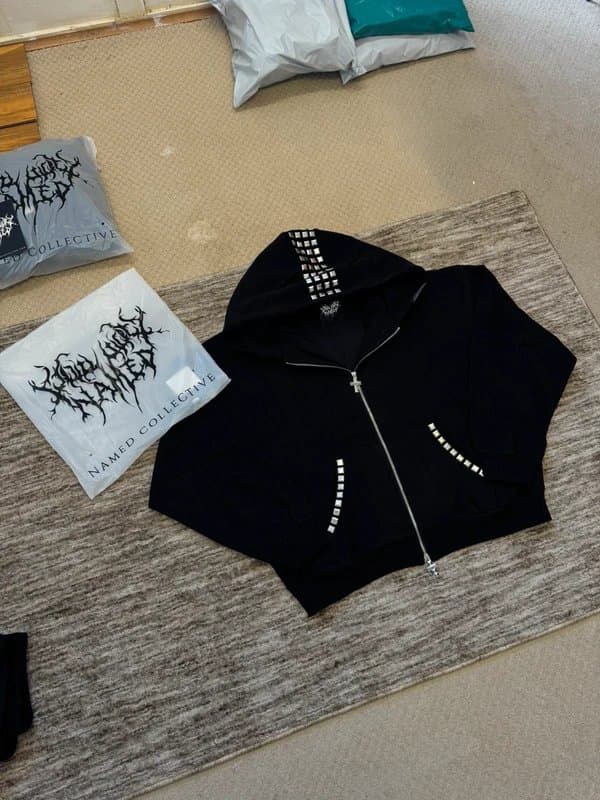 NAMED collective Named Collective Unisex Black Faithful Studded Zip Hoodie L/XL Limited Y2K Streetwear