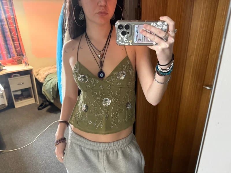 Bershka green embellished tie top