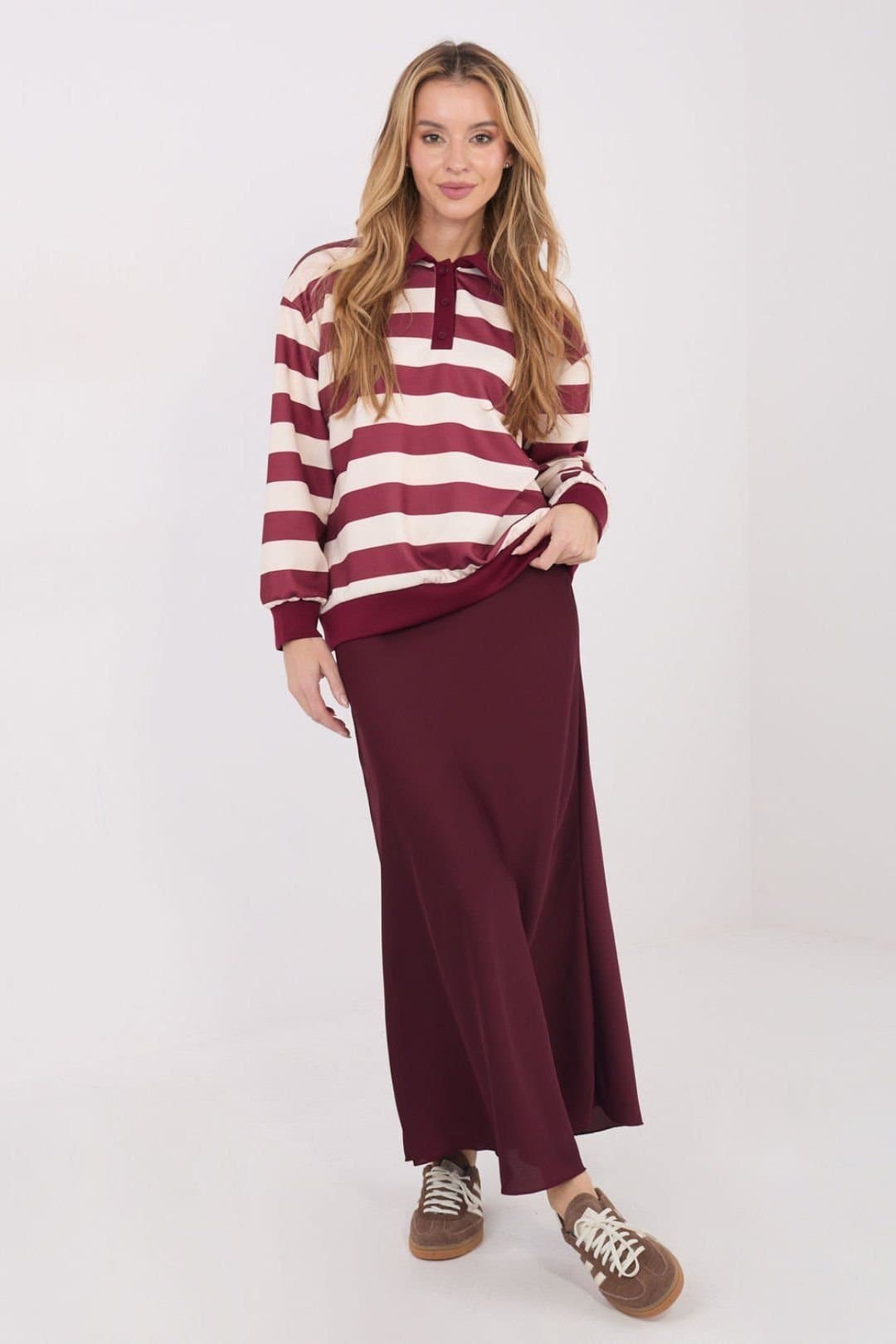 Love Lace Love Lace Women's Viscose Striped Polo Button Sweatshirt in Burgundy