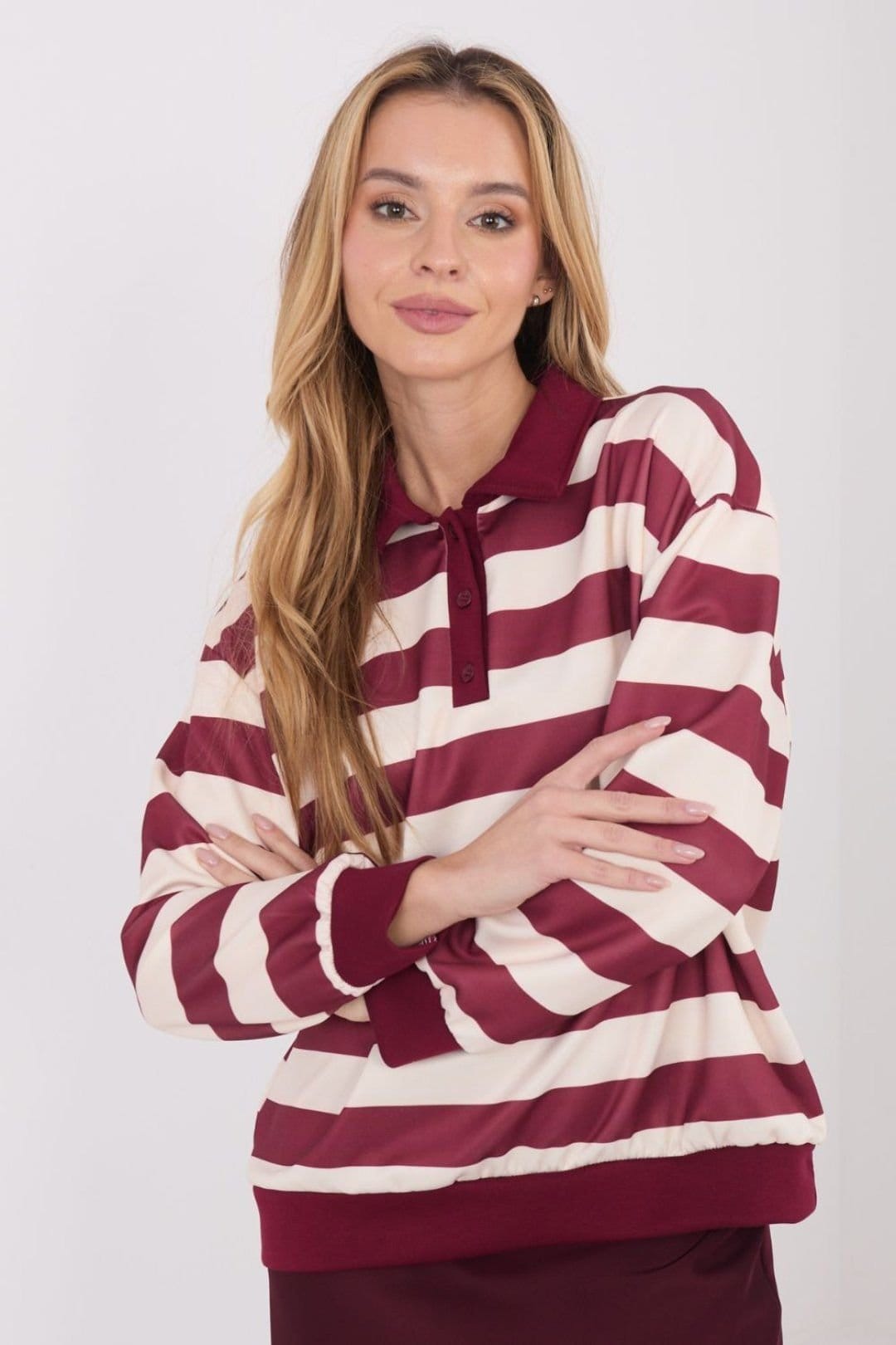 Love Lace Love Lace Women's Viscose Striped Polo Button Sweatshirt in Burgundy - 4