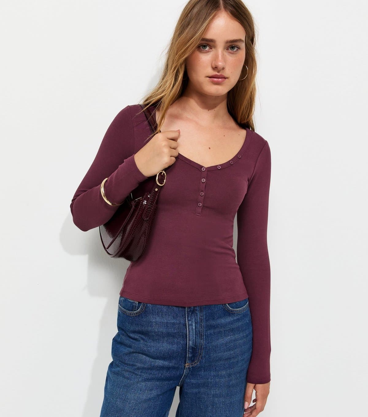 New Look Women's Dark Burgundy Cotton Rich Long Sleeve Henley Top New Look