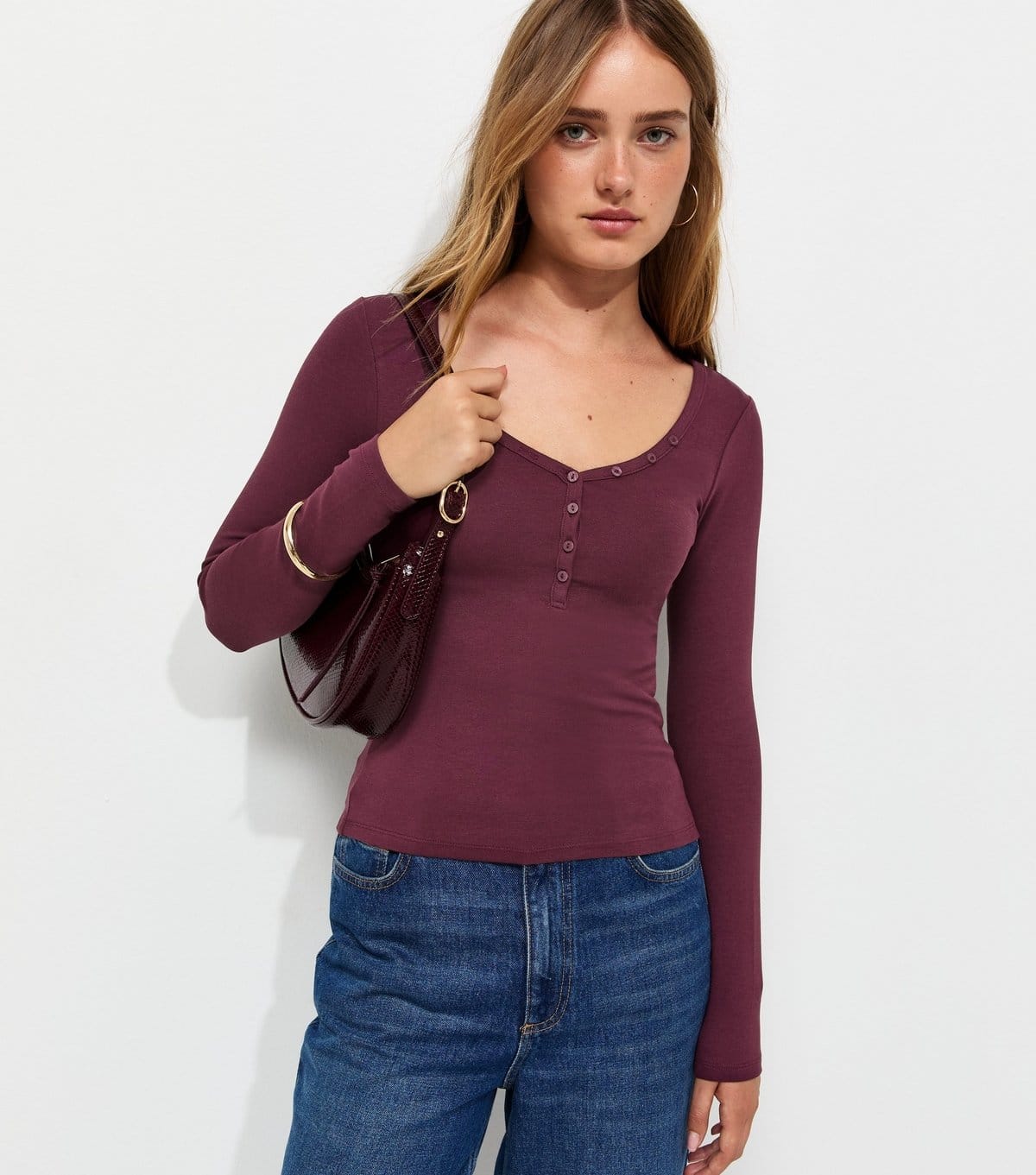 New Look Burgundy Cotton Rich Henley Top