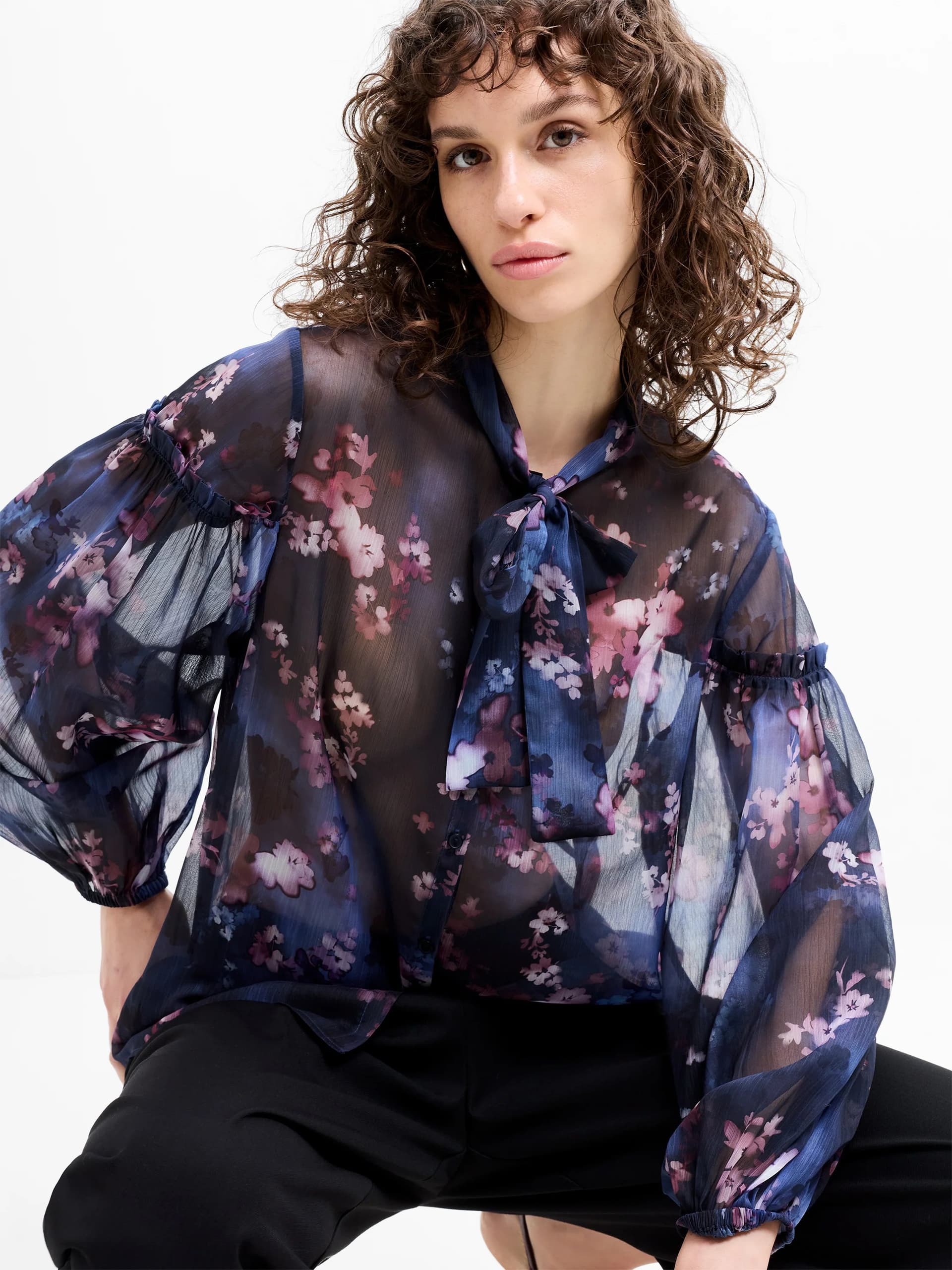 French Connection Clara Emina Sheer Bow Tie Shirt Navy Blue Multi