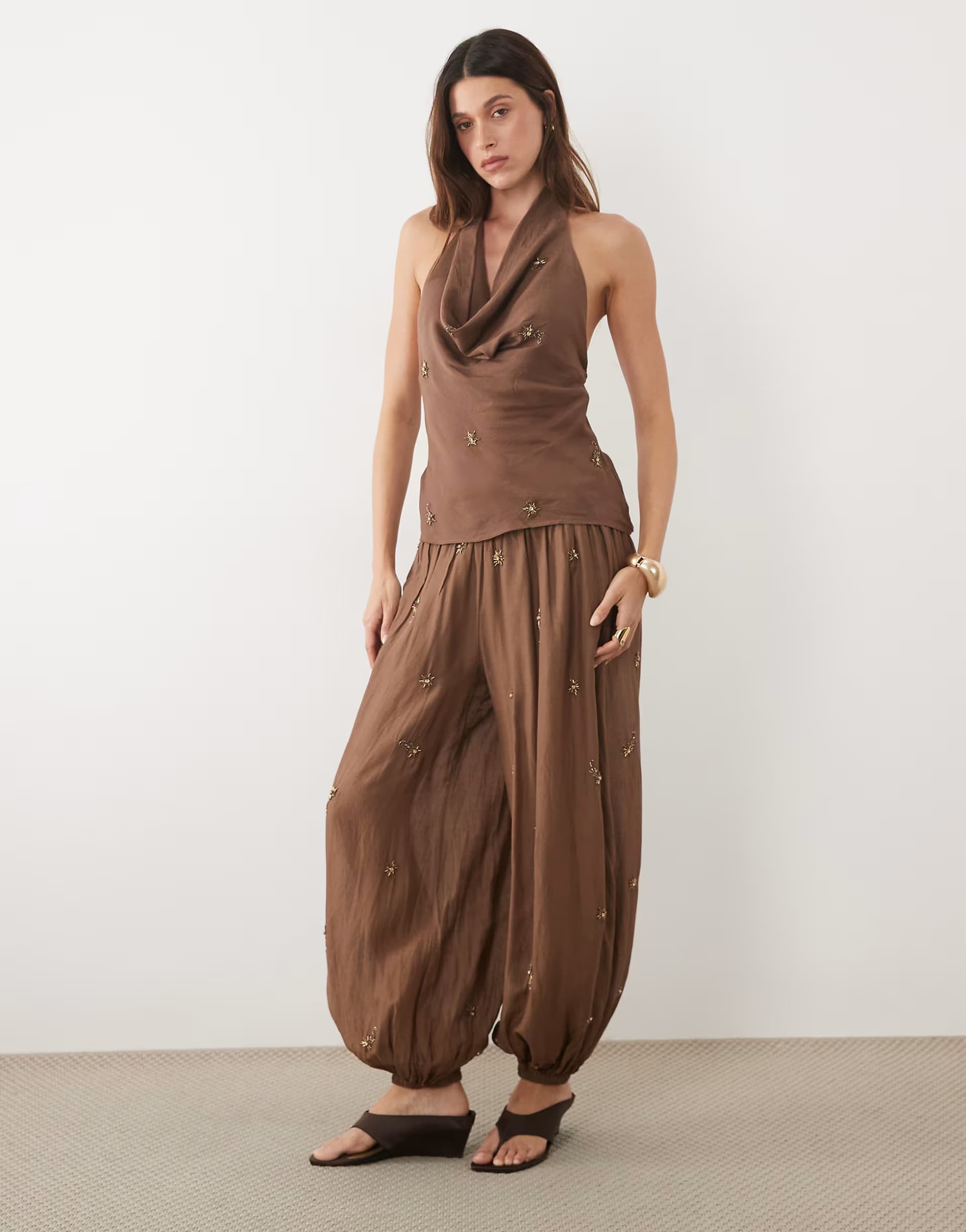 ASOS Mango Soliel embellished halterneck top & trouser co-ord in brown