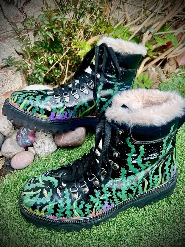 ASOS Design Beautiful, Unique Hand painted, fur lined ‘’aquarium’ ladies ankle boots. Festival/party/wedding.