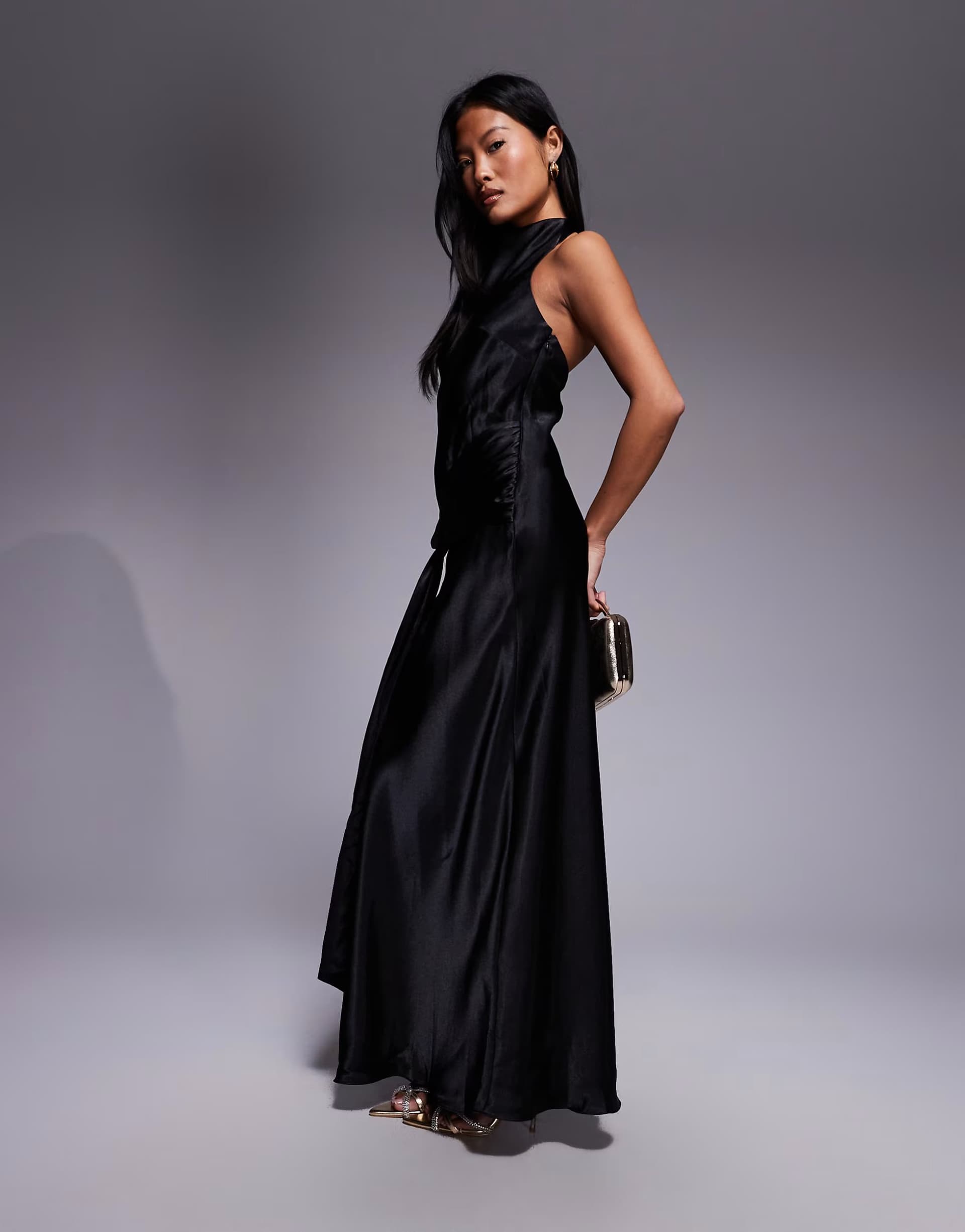 ASOS Forever New Petite satin halter neck drape knot detail maxi dress in black