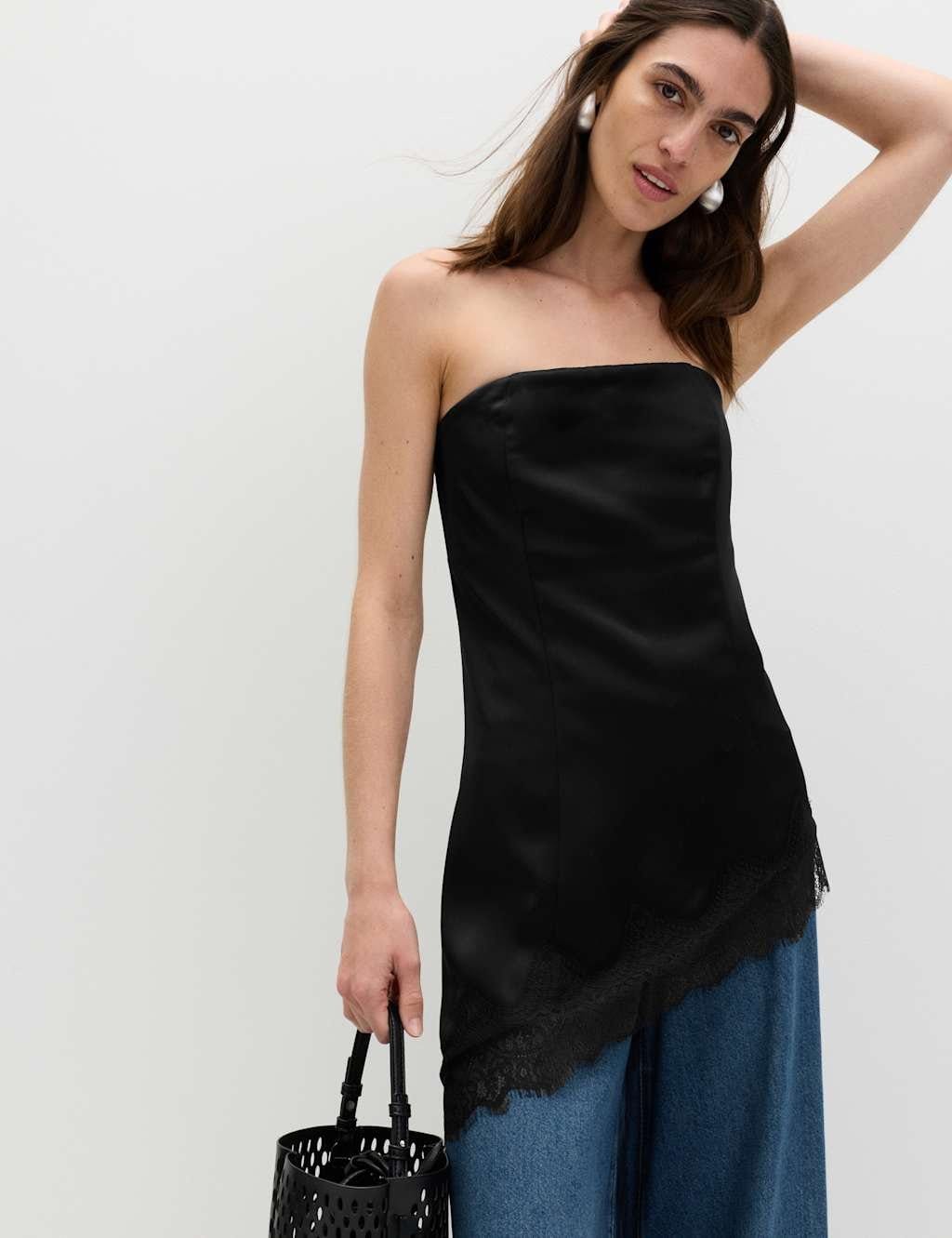M&S Black Bandeau Top With Lace Hem
