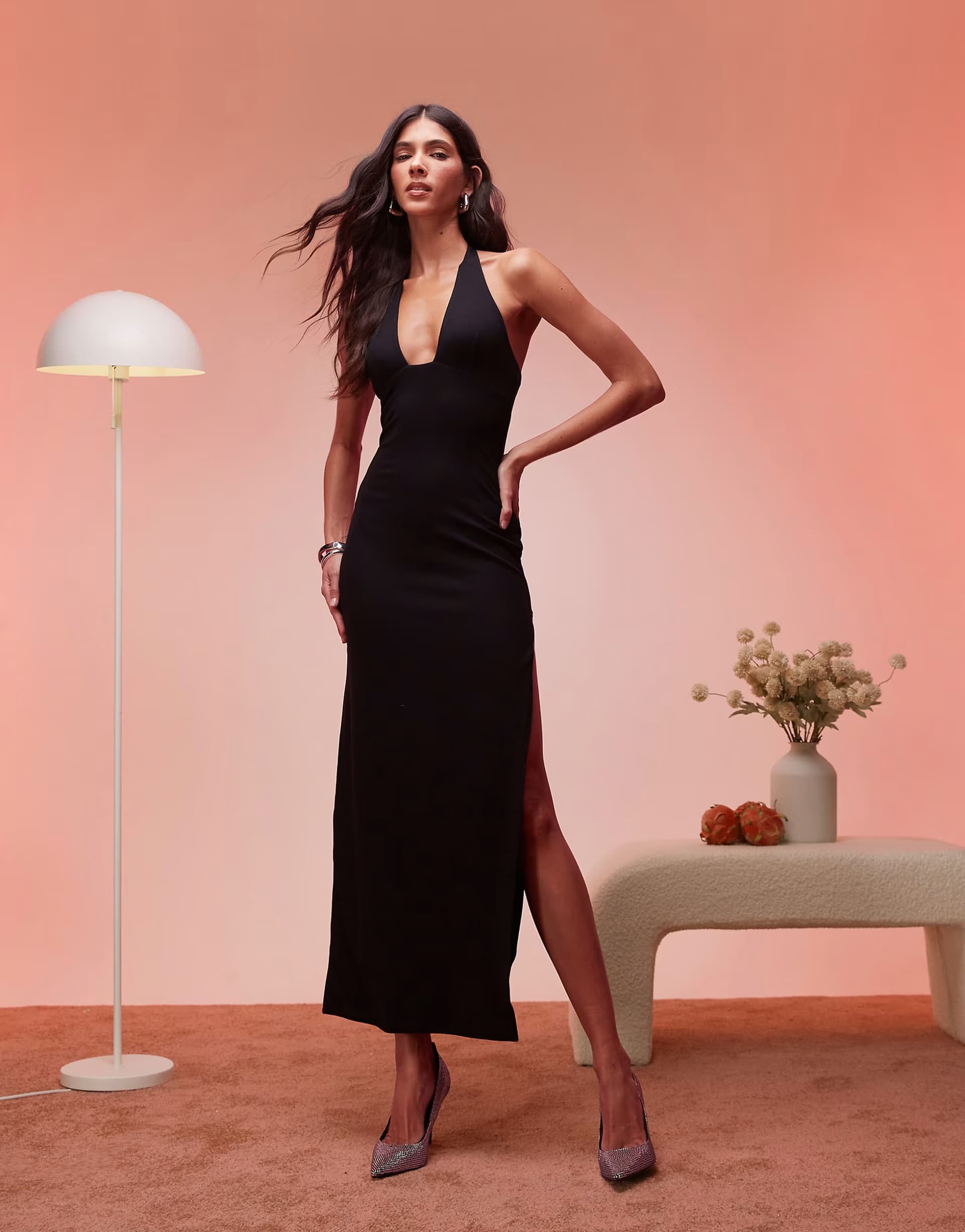 ASOS Oh Polly Mei split halterneck maxi dress in black