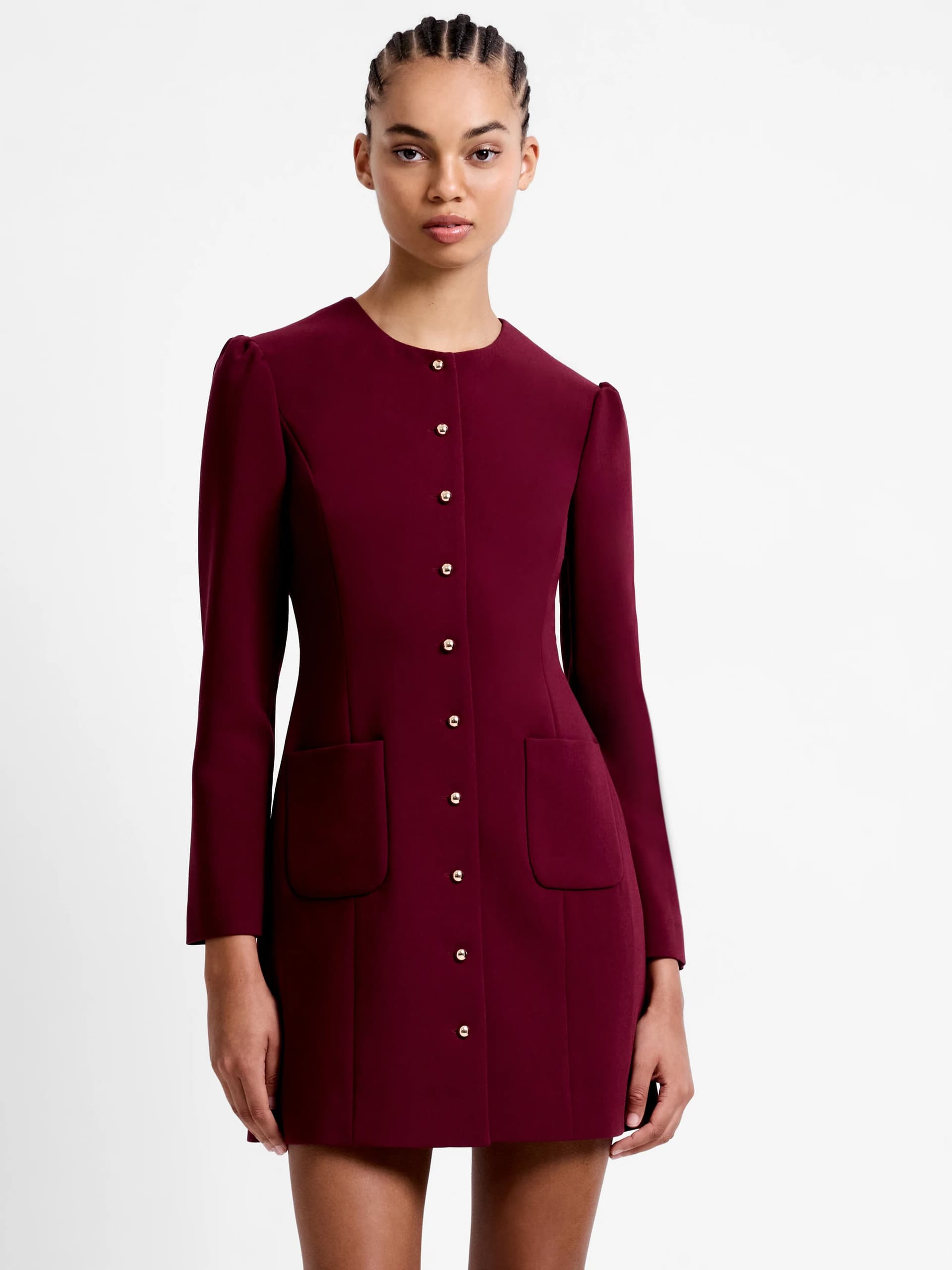 French Connection Celie Button Through Mini Dress Bordeaux Red