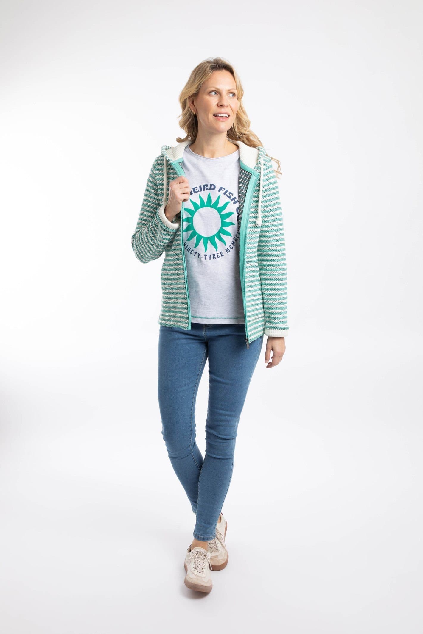 Weird Fish Weird Fish Women's Fisher Full Zip Stripe Macaroni Hoodie in Light Green