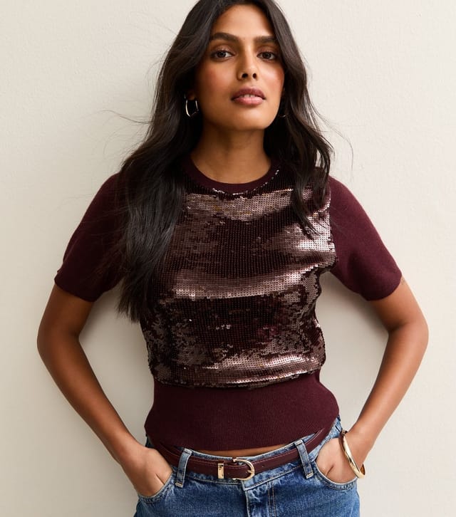 New Look Women's Burgundy Sequin Embellished Top New Look - 2